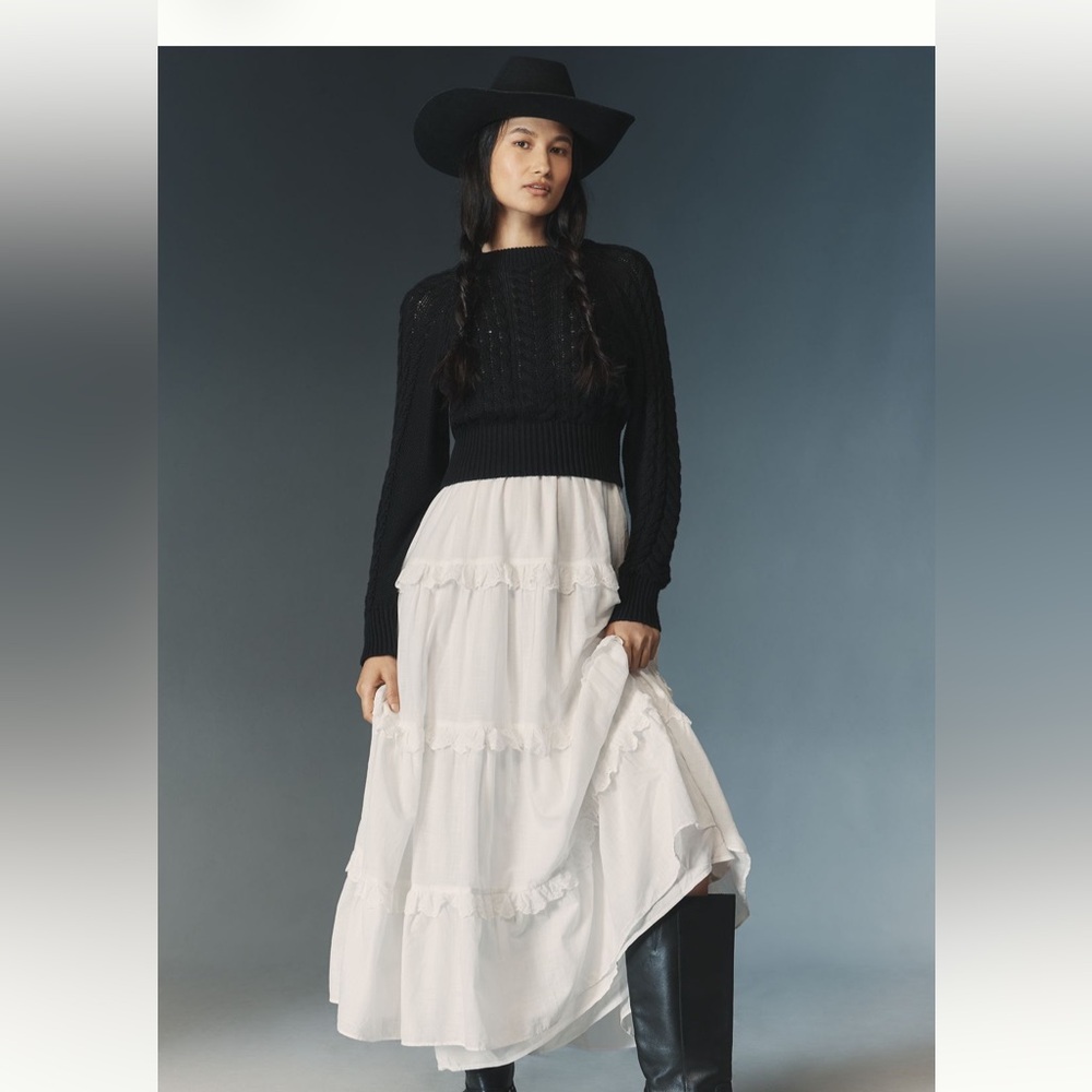 Anthropologie Twofer White Tiered Maxi Dress Black Sweater LP